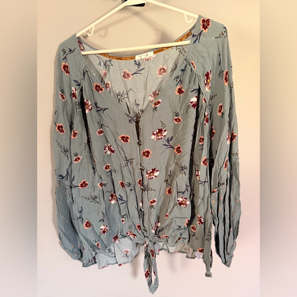 Maurices Blue Floral Blouse with Red Accents